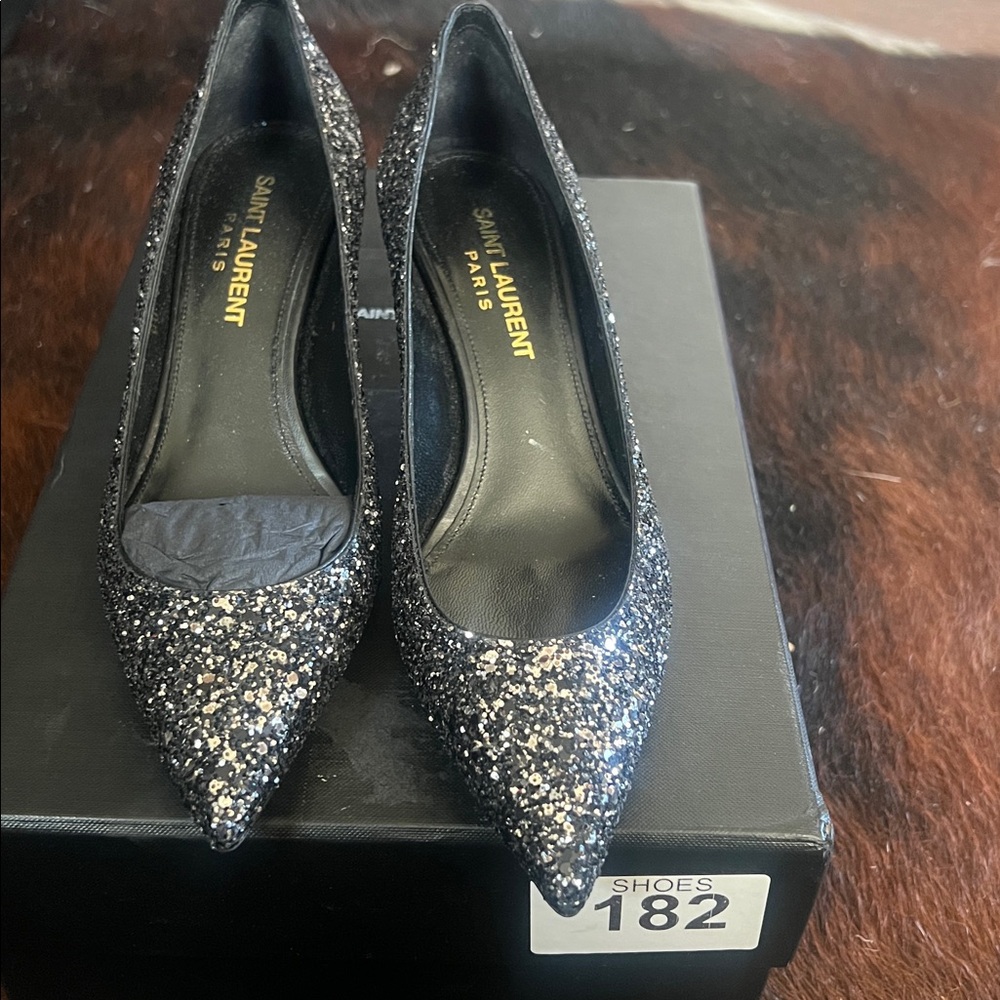 Saint Laurent Charlotte 55MM Super Black Glitter Pointy Toe Pumps. Size 35/5 US